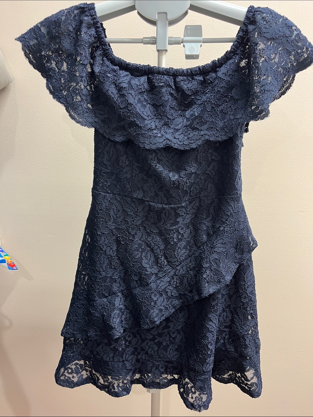 Xtraordinary Navy Blue Lace Off-Shoulder Girls Dress